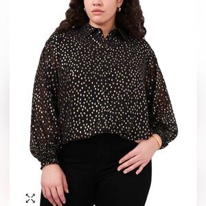 🌺 2/$20 Vince Camuto black Gold Foil Dot Blouse bell sleeves size small